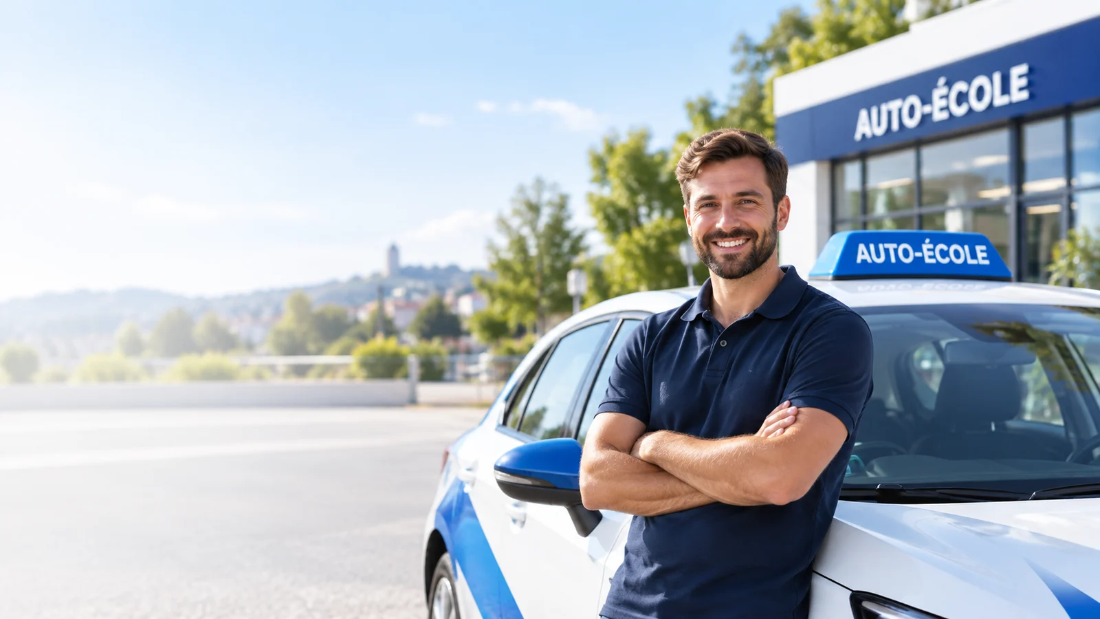 Moniteur indépendant devant une voiture avec panneau AUTO-ÉCOLE