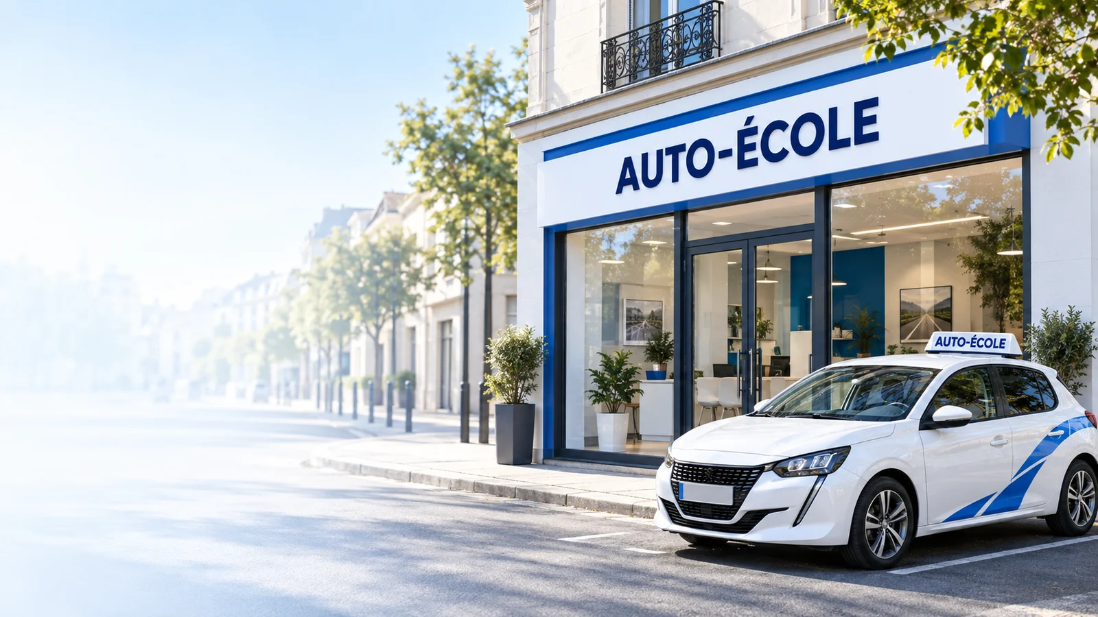 Façade d'une auto-école et voiture avec panneau AUTO-ÉCOLE